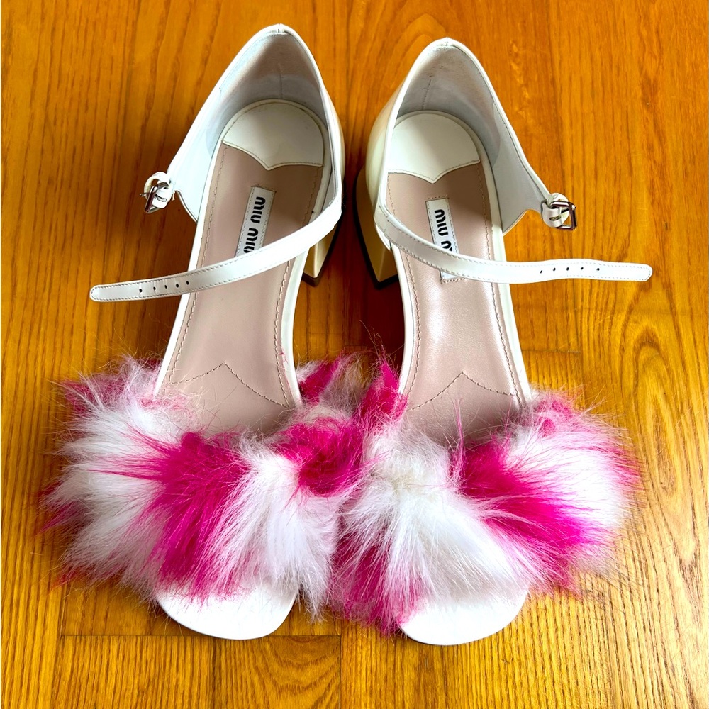 Miu Miu Patent Leather Faux Fur Sandals